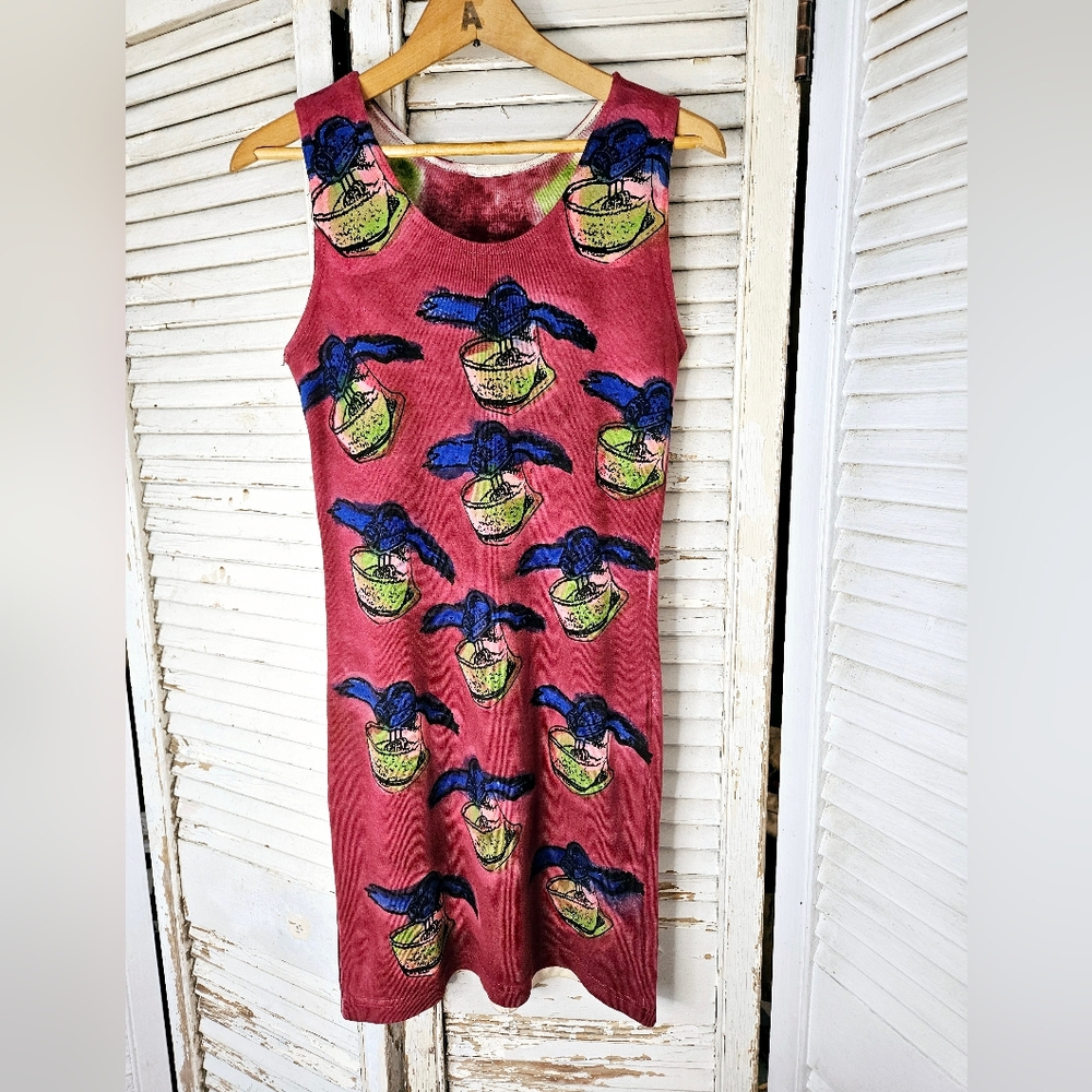 Vintage 90s One Of A Kind Handmade Silkscreened Body Con Minidress  XS/S